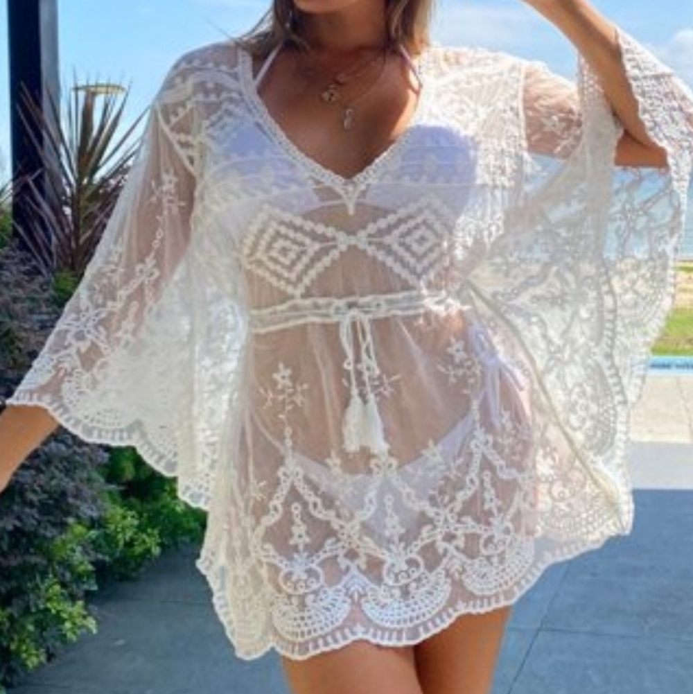 Veggicy Boho White Embroidered Bat Wing Tassel Tie  Swimsuit Cover-up OSFM